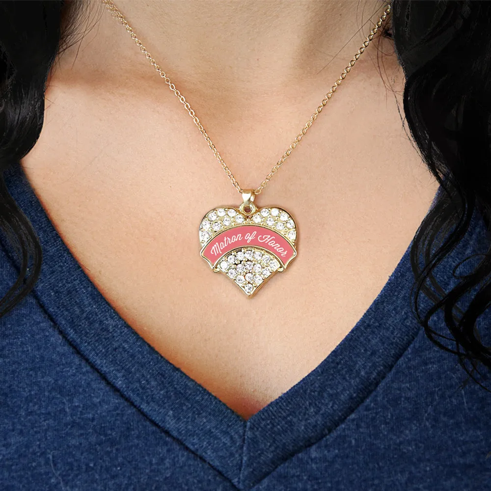 Gold Coral Matron of Honor Pave Heart Charm Classic Necklace