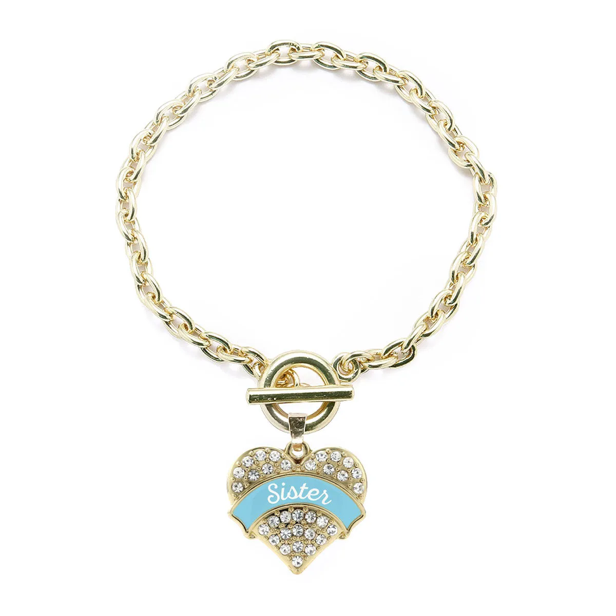 Gold Light Blue Sister Pave Heart Charm Toggle Bracelet