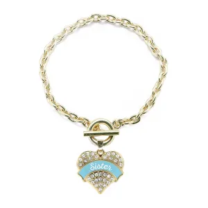 Gold Light Blue Sister Pave Heart Charm Toggle Bracelet