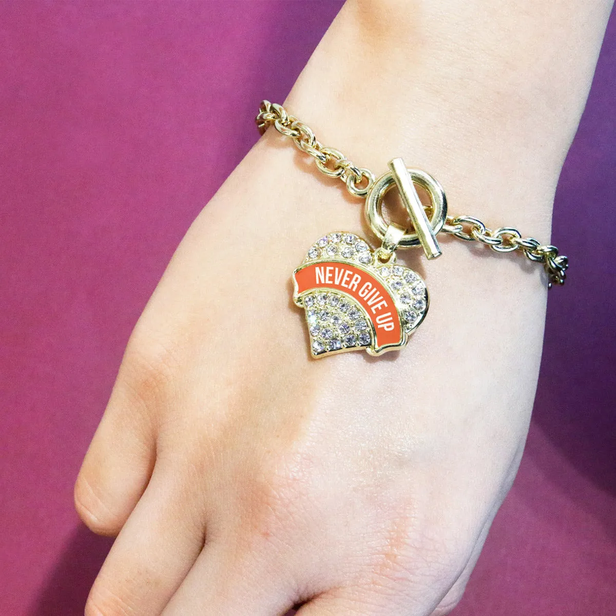 Gold Orange Banner Never Give up Pave Heart Charm Toggle Bracelet