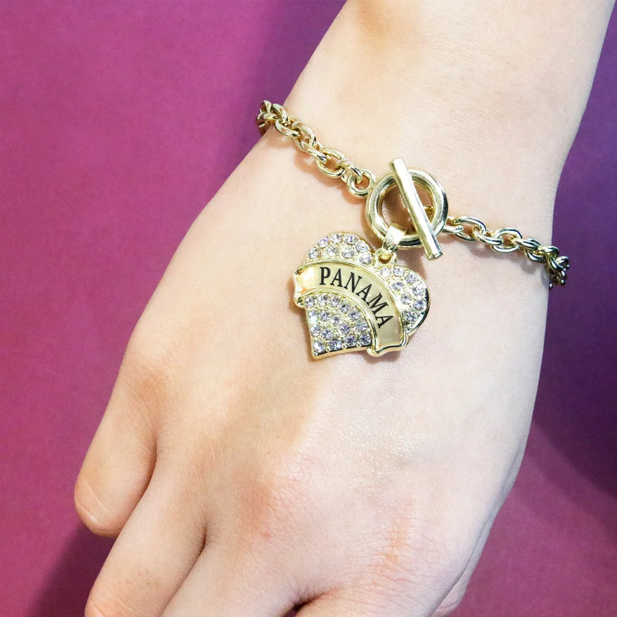 Gold Panama Pave Heart Charm Toggle Bracelet