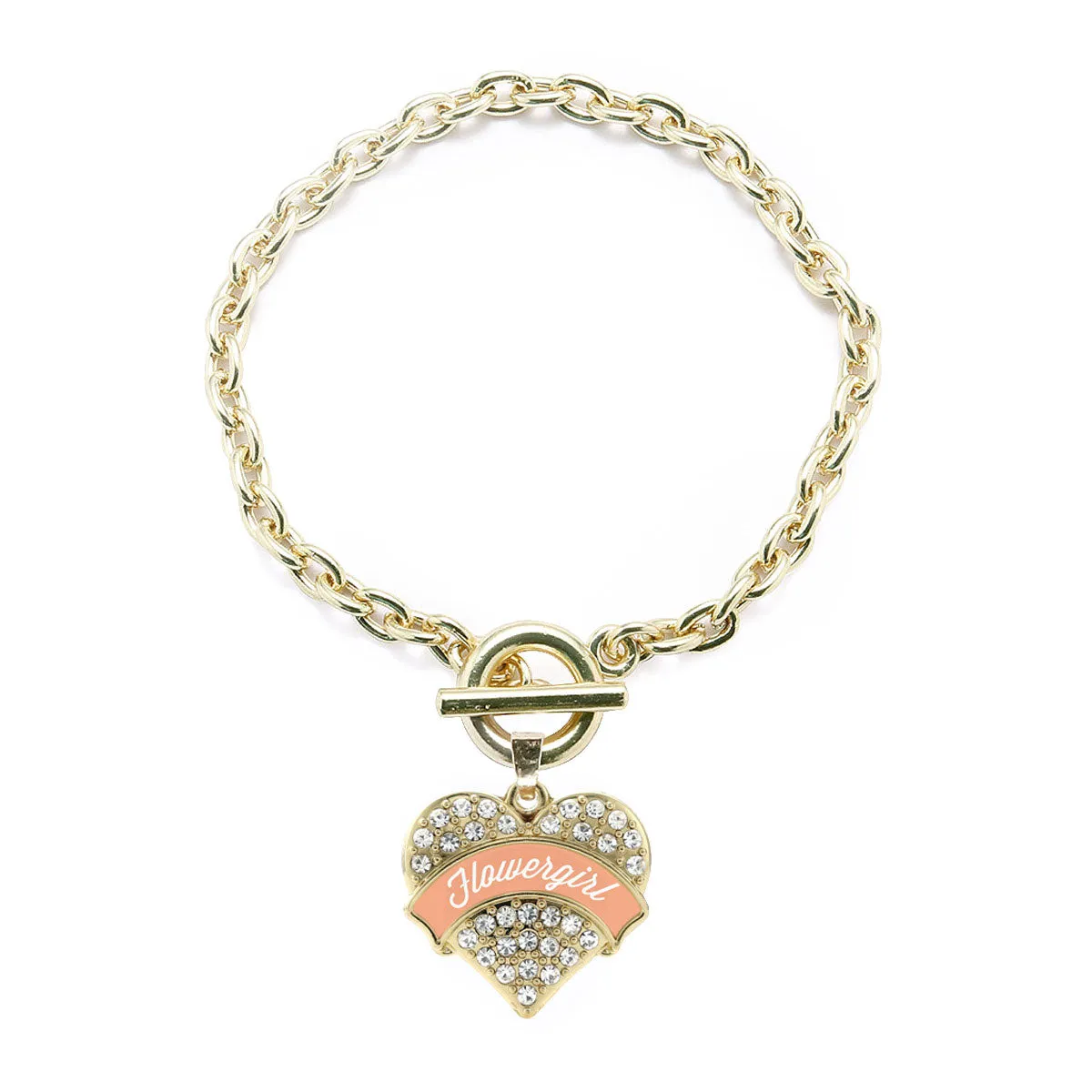 Gold Peach Flower Girl Pave Heart Charm Toggle Bracelet