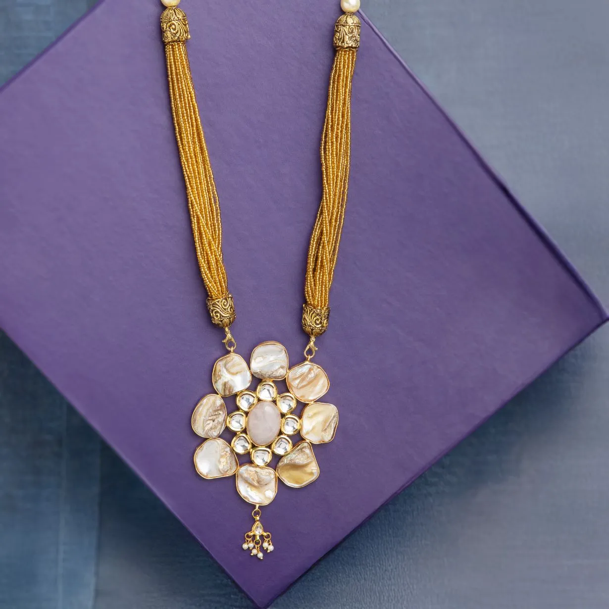 Gold-Tone Beaded Necklace with Pearl and Shell Beads Baroque Necklace