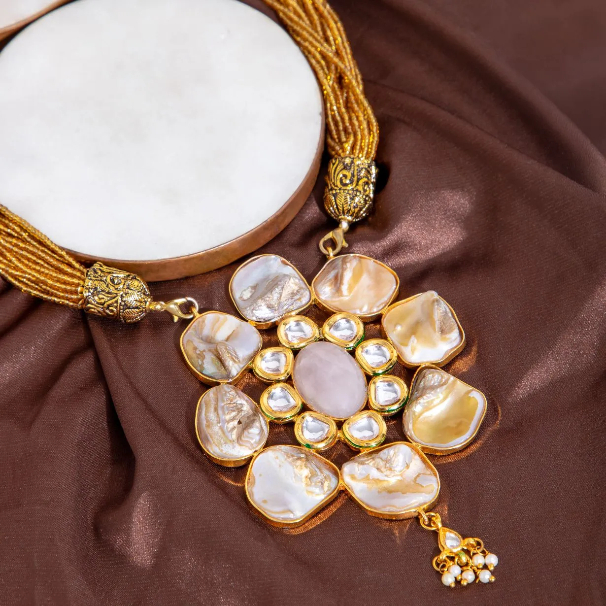 Gold-Tone Beaded Necklace with Pearl and Shell Beads Baroque Necklace