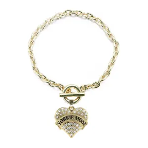 Gold Yorkie Mom Pave Heart Charm Toggle Bracelet