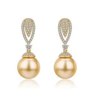 Golden South Sea Pearl & CZ Earrings