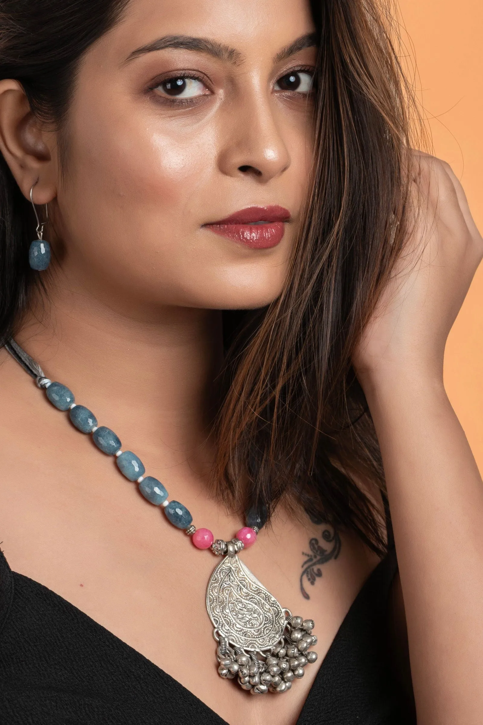 Handmade Jewelry With Pink Powder Blue Jade Stones & German Silver Ghunghroo Pendant Necklace Set with Earrings