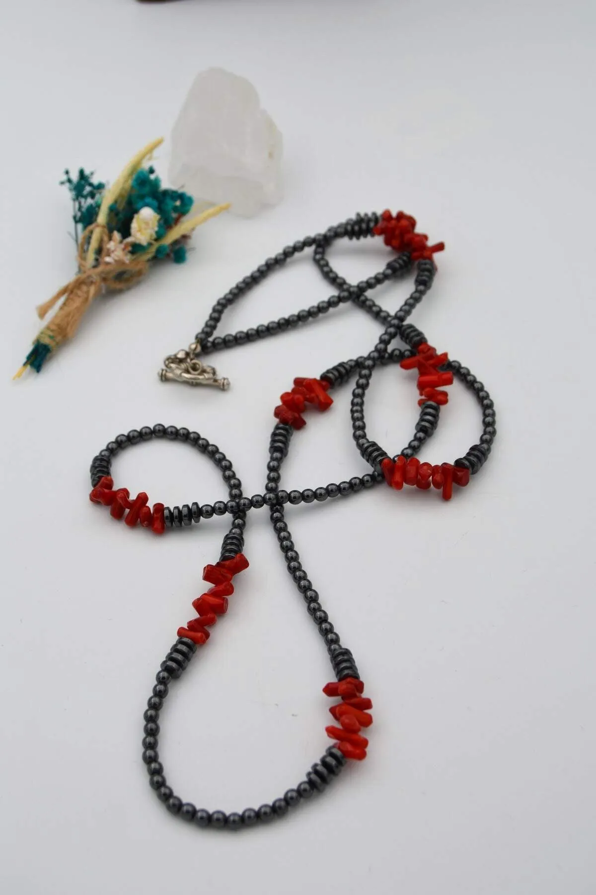 Hematite Coral Sailor Lock Evil Eye and Healing Necklace