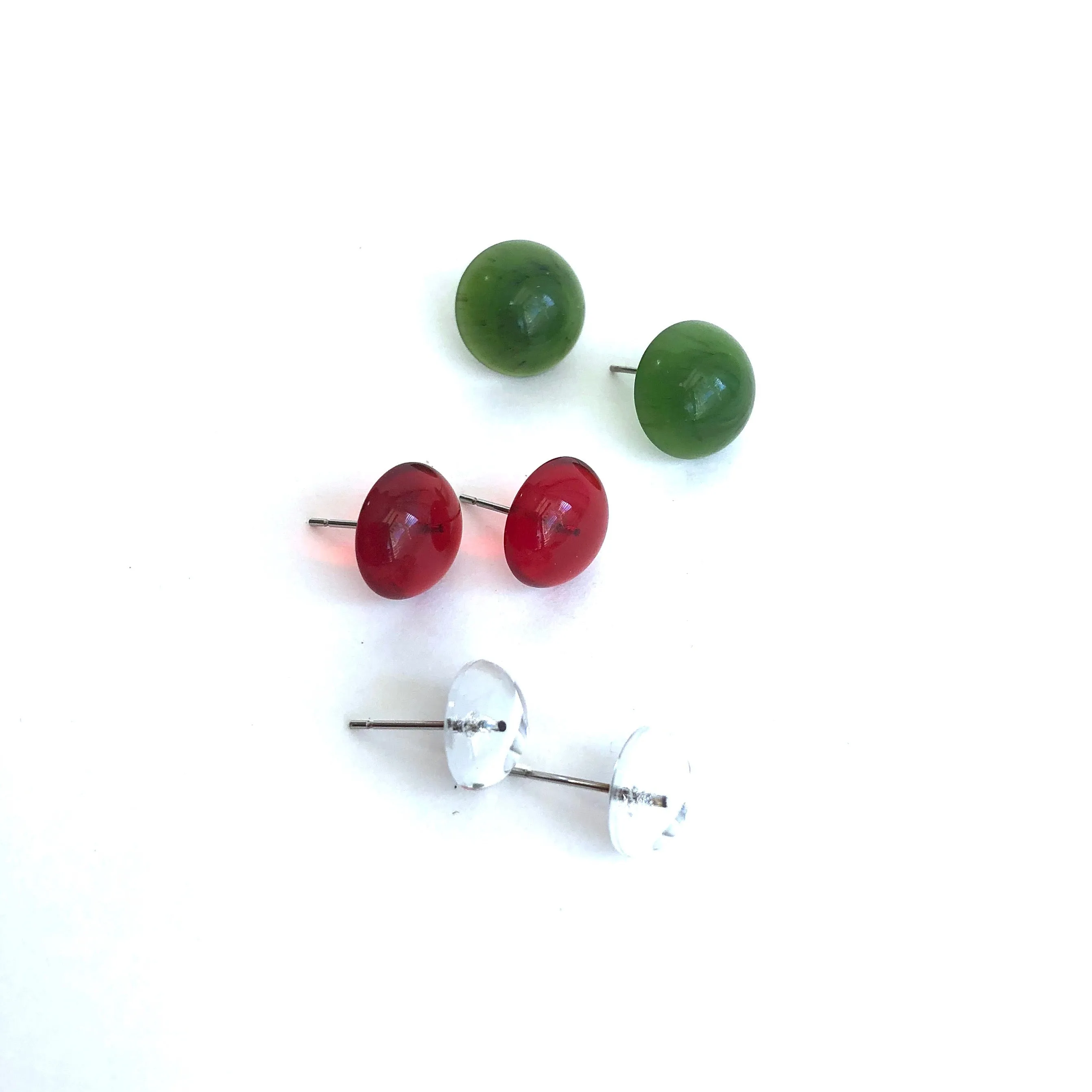 Holiday Retro Button Studs in Red Green & Silver Clear Earrings Set