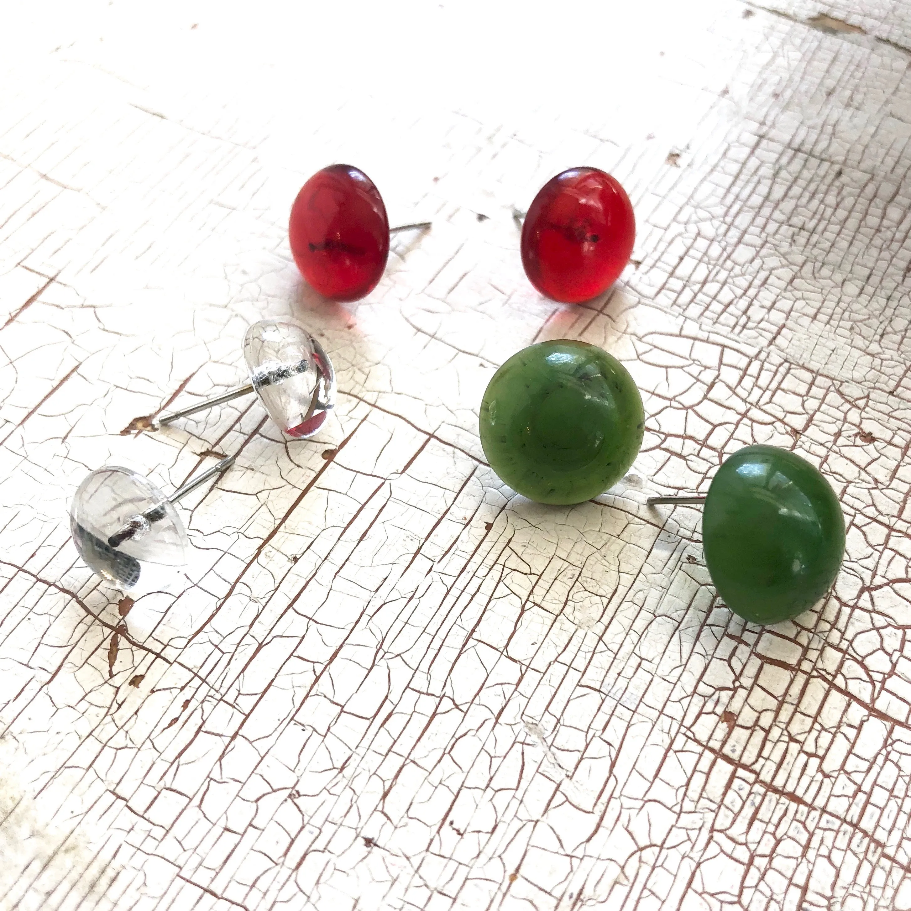 Holiday Retro Button Studs in Red Green & Silver Clear Earrings Set