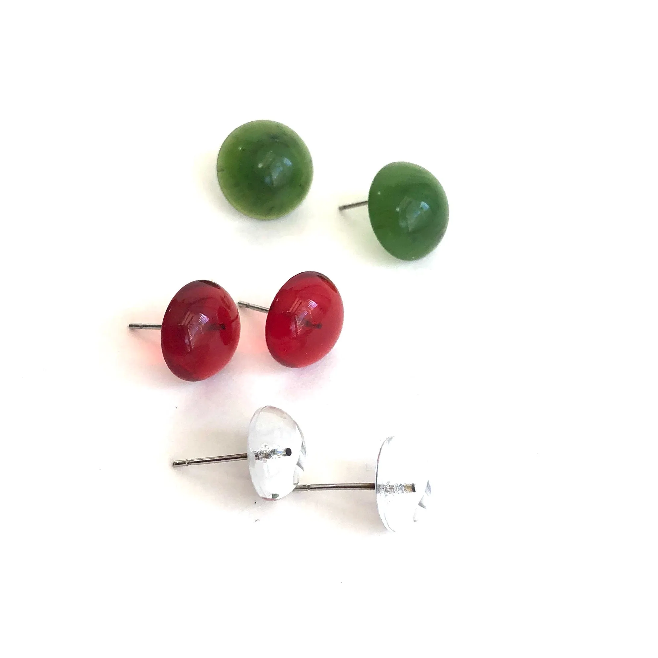 Holiday Retro Button Studs in Red Green & Silver Clear Earrings Set