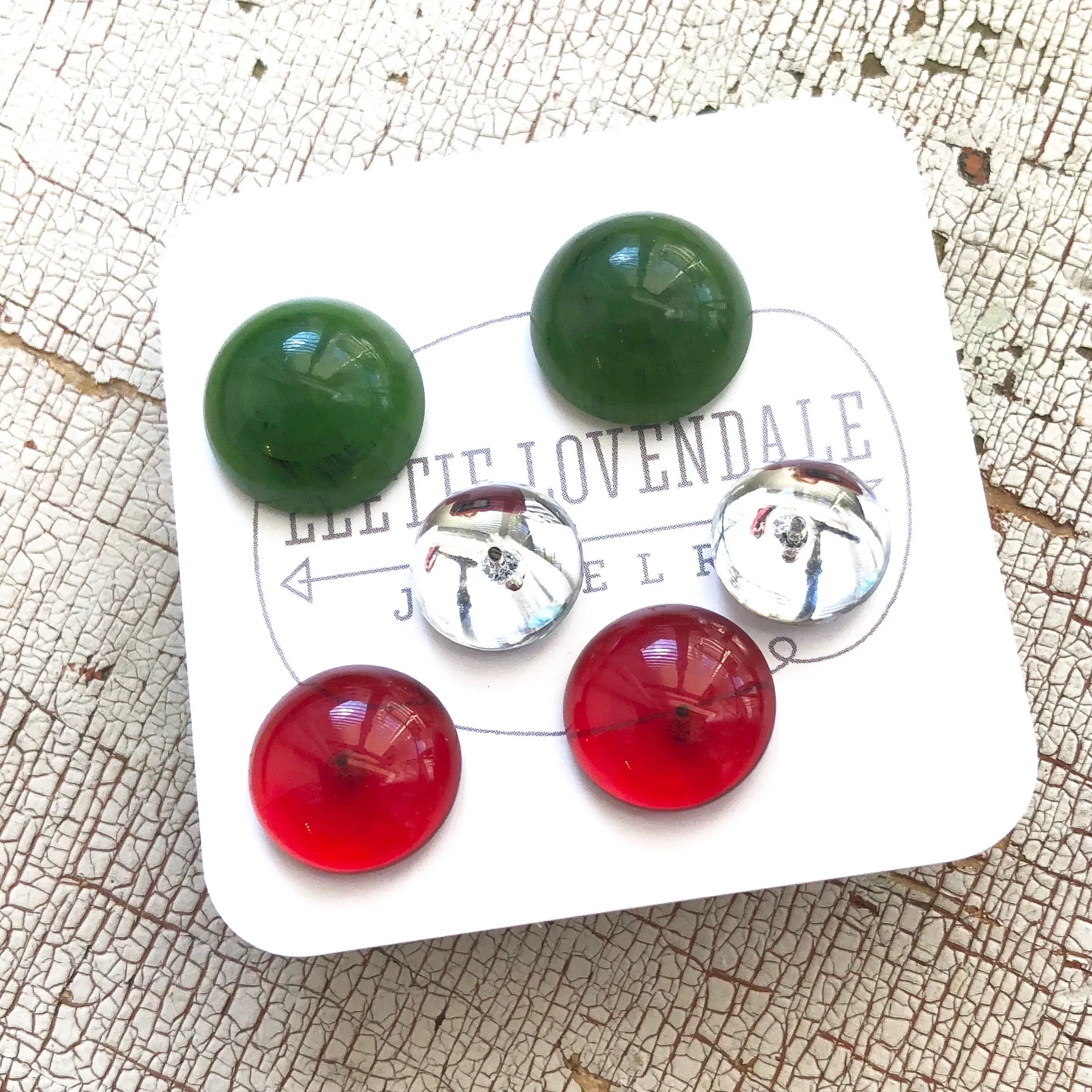 Holiday Retro Button Studs in Red Green & Silver Clear Earrings Set
