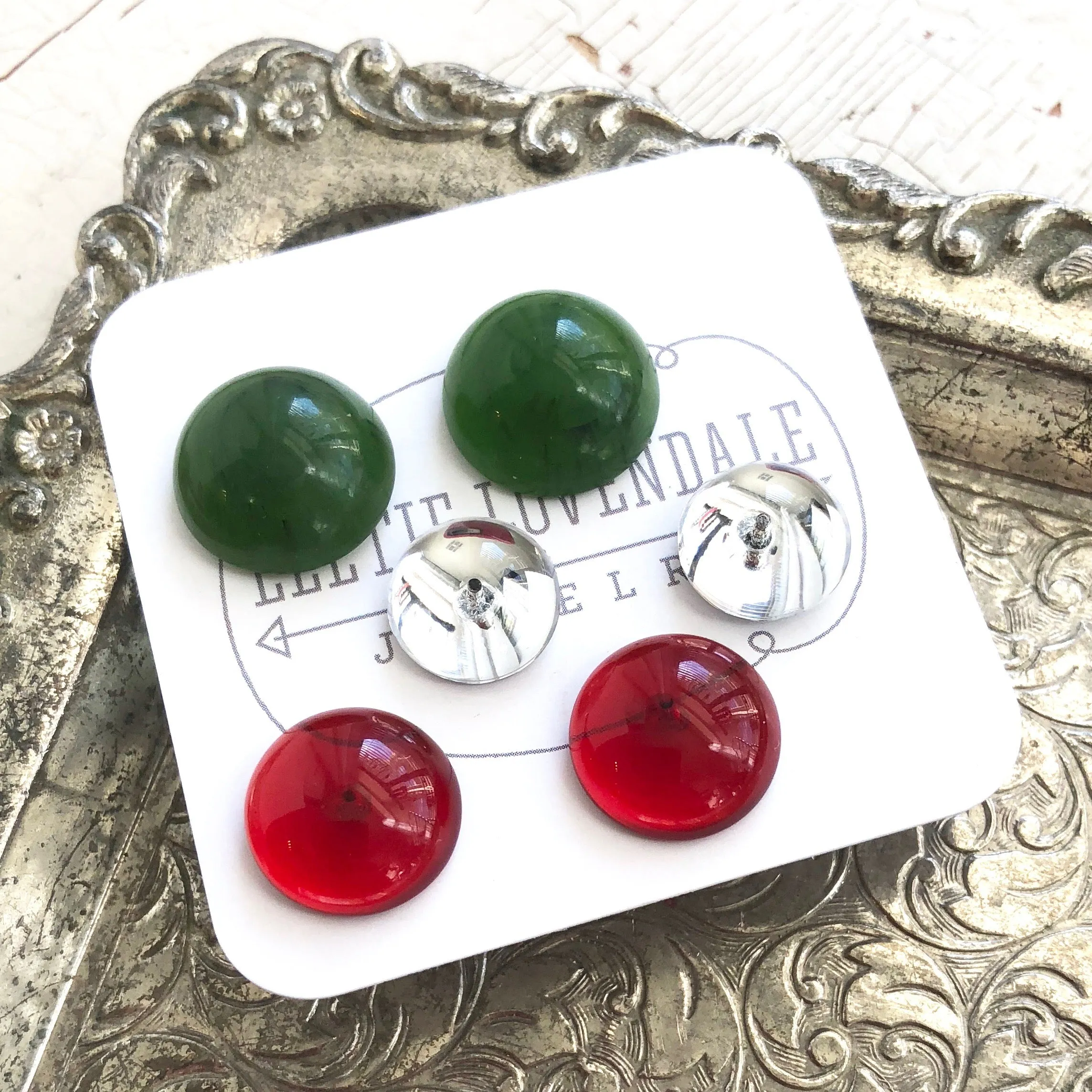 Holiday Retro Button Studs in Red Green & Silver Clear Earrings Set