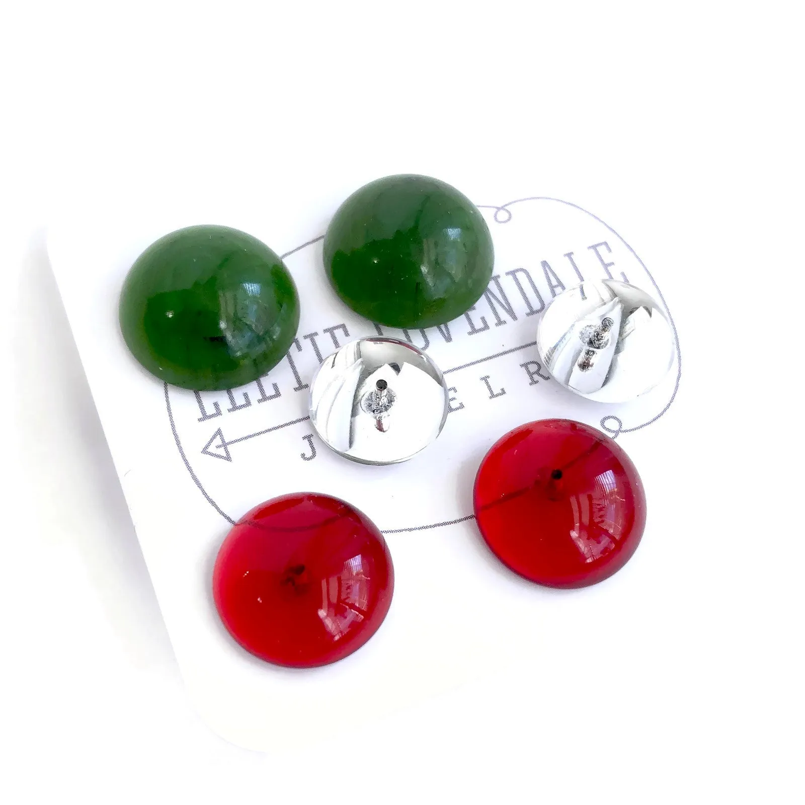 Holiday Retro Button Studs in Red Green & Silver Clear Earrings Set