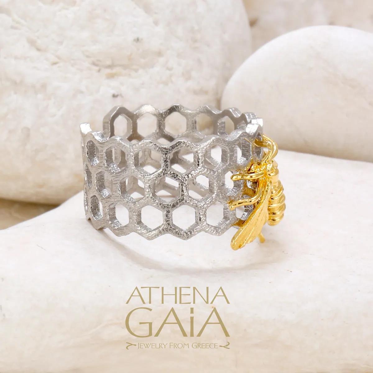 Honey Bee and Comb Open Band Ring