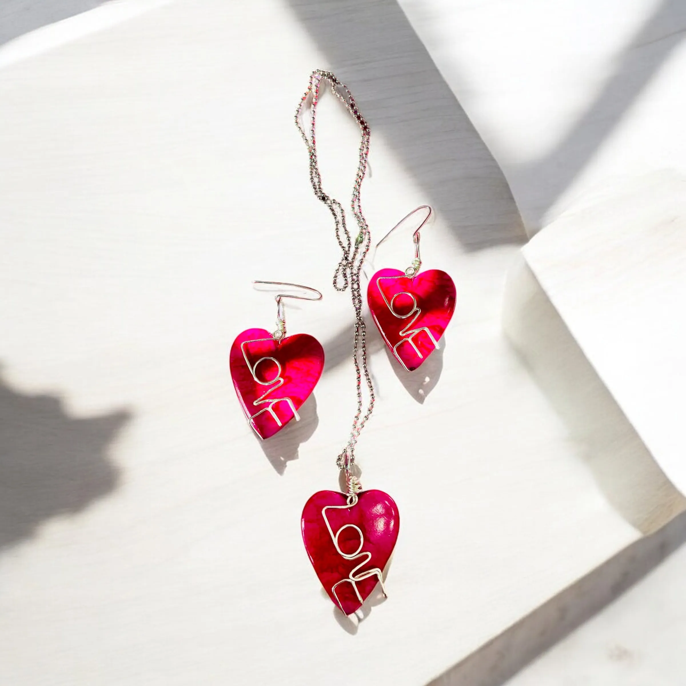 Hot Pink Acrylic Heart Necklace and Earring Set