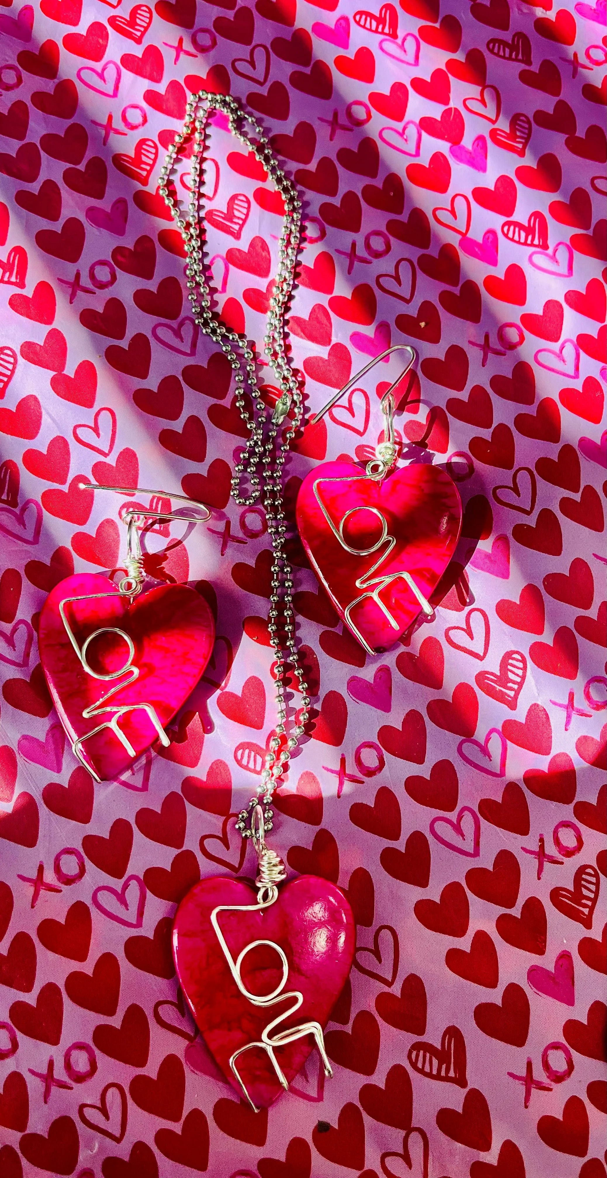 Hot Pink Acrylic Heart Necklace and Earring Set