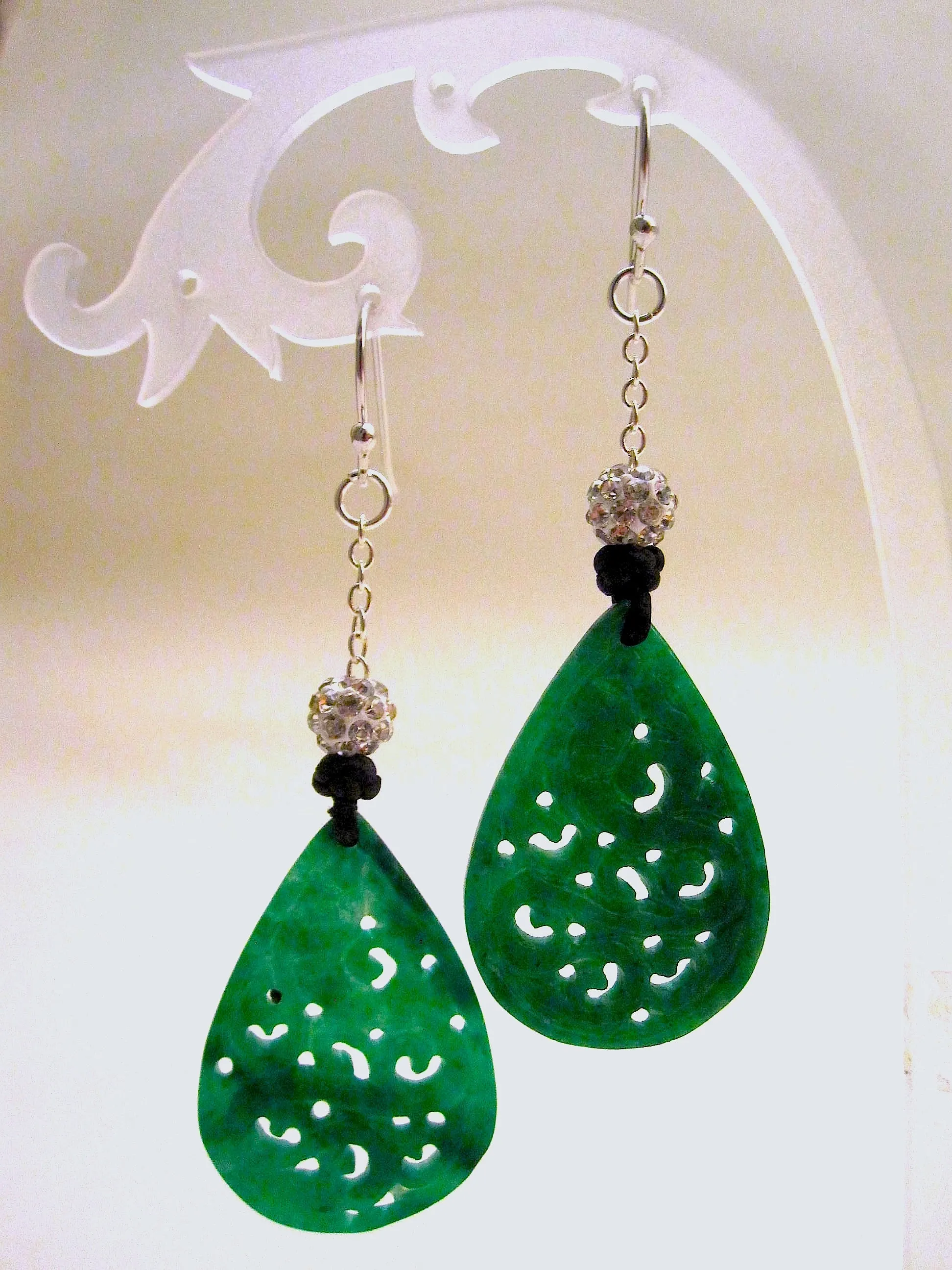 Jade, Crystal Pave Beads, Hook Earrings