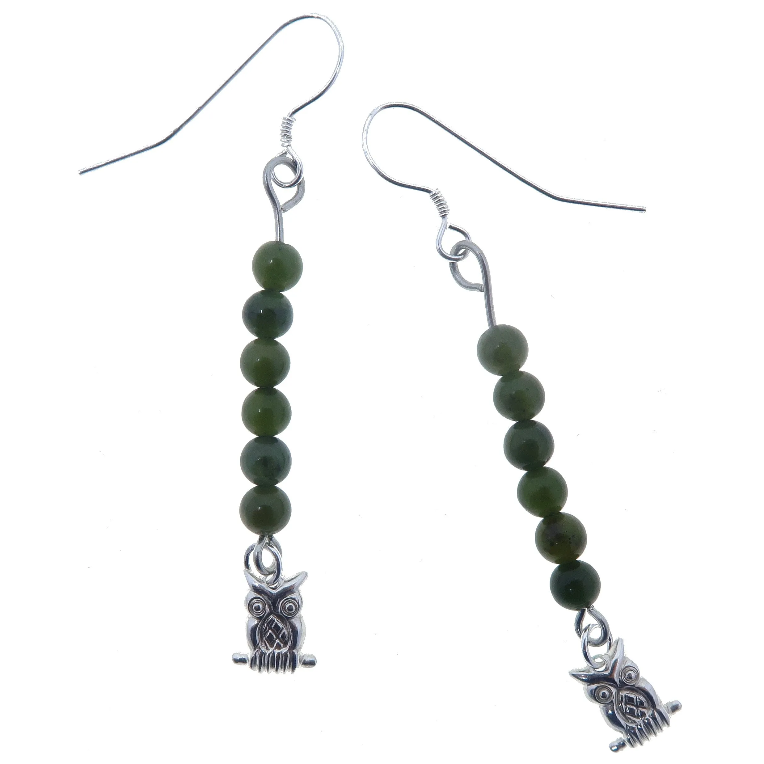 Jade Earrings Wise Owl in Green Nephrite Forest Sterling