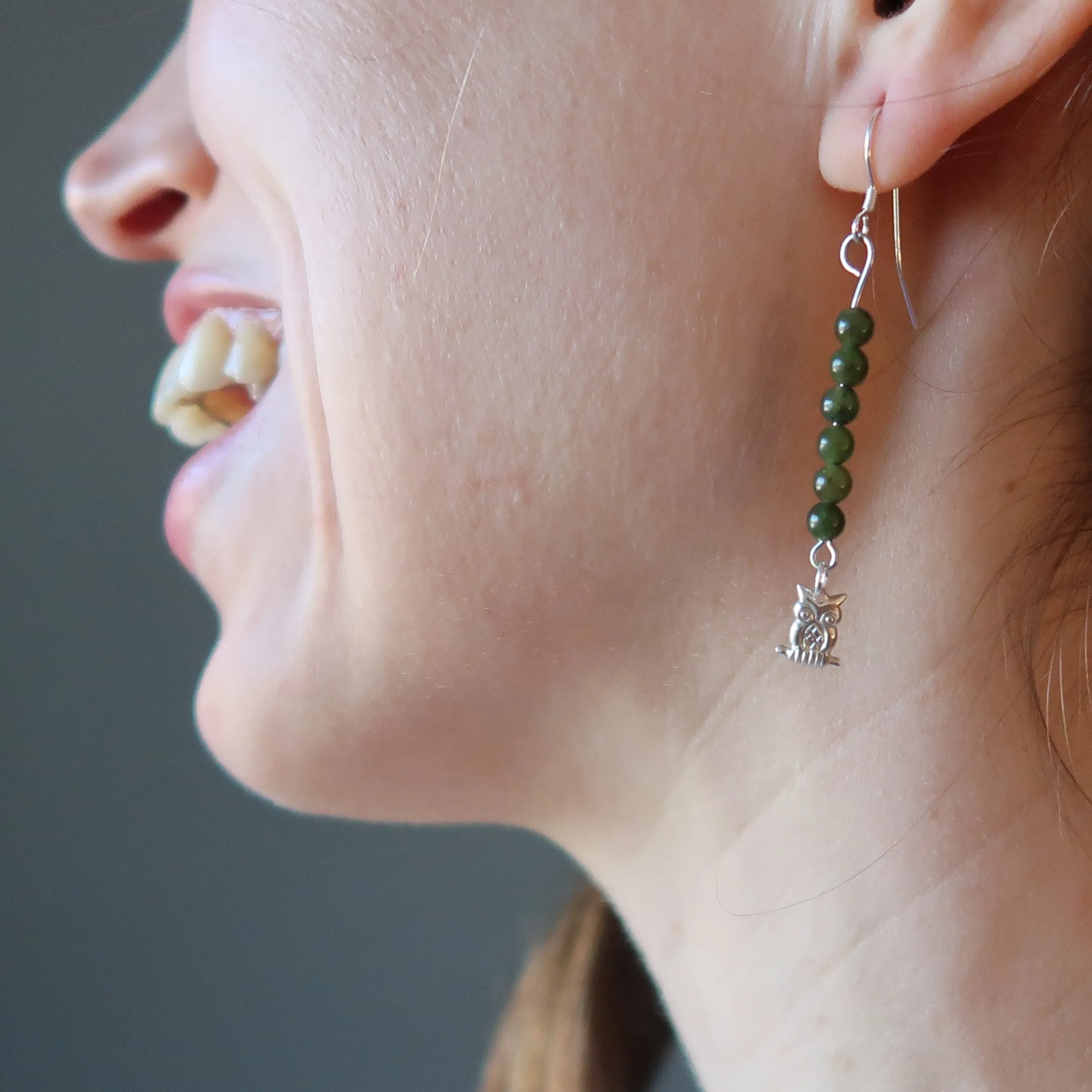 Jade Earrings Wise Owl in Green Nephrite Forest Sterling