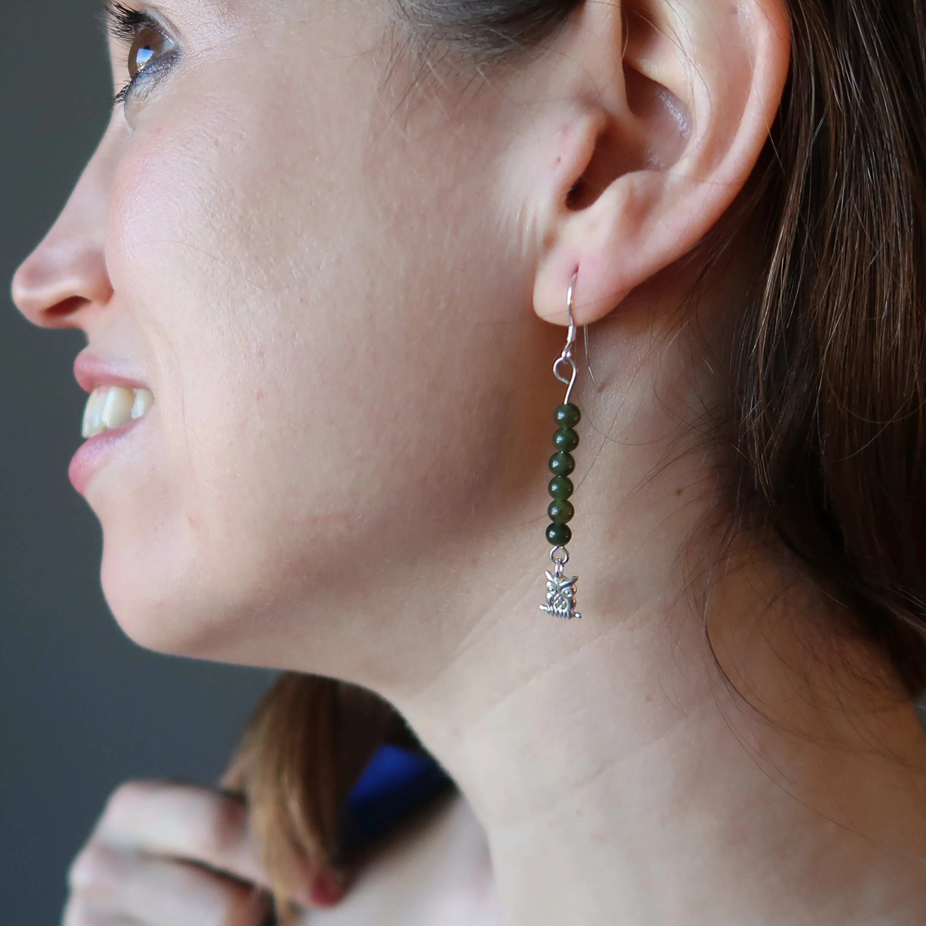 Jade Earrings Wise Owl in Green Nephrite Forest Sterling