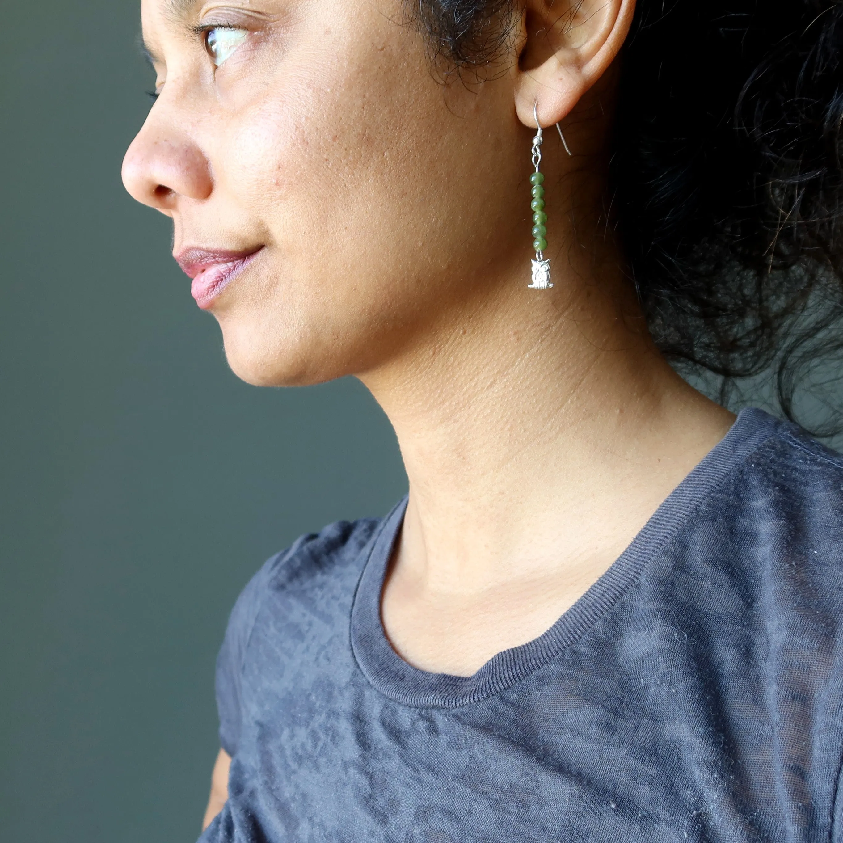 Jade Earrings Wise Owl in Green Nephrite Forest Sterling