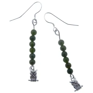 Jade Earrings Wise Owl in Green Nephrite Forest Sterling