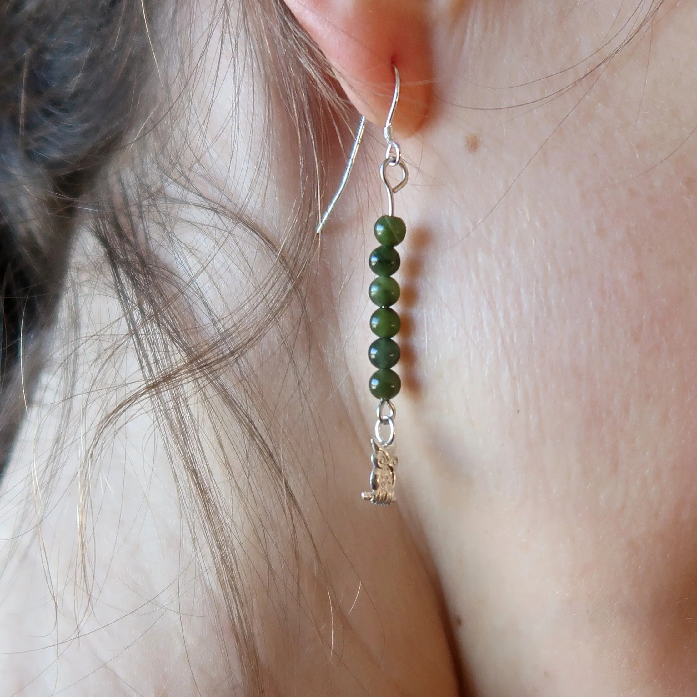 Jade Earrings Wise Owl in Green Nephrite Forest Sterling