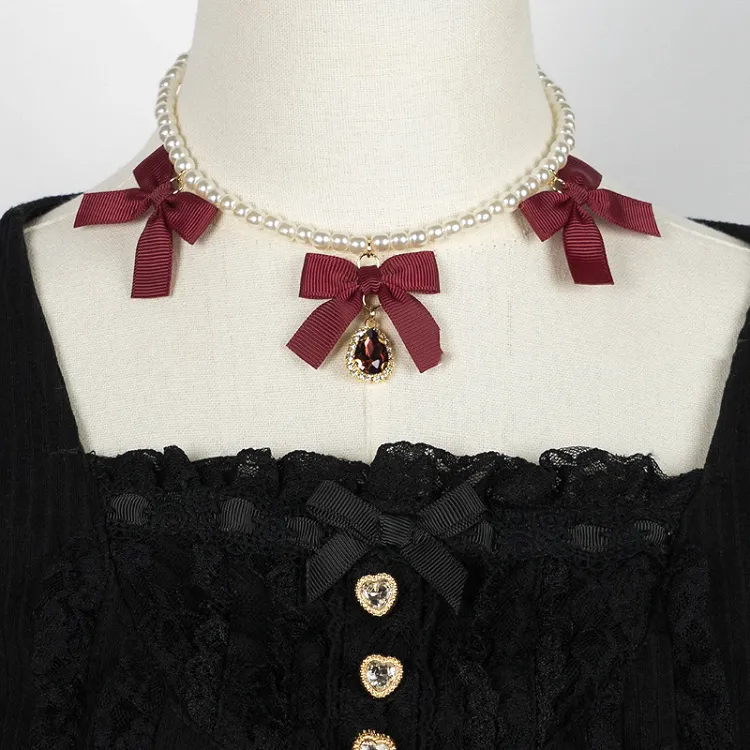 Jirai Kei Bowknots Rhinestone Beaded Necklace