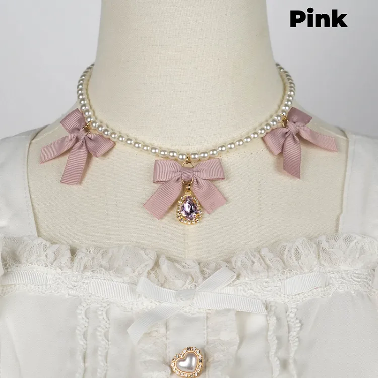 Jirai Kei Bowknots Rhinestone Beaded Necklace