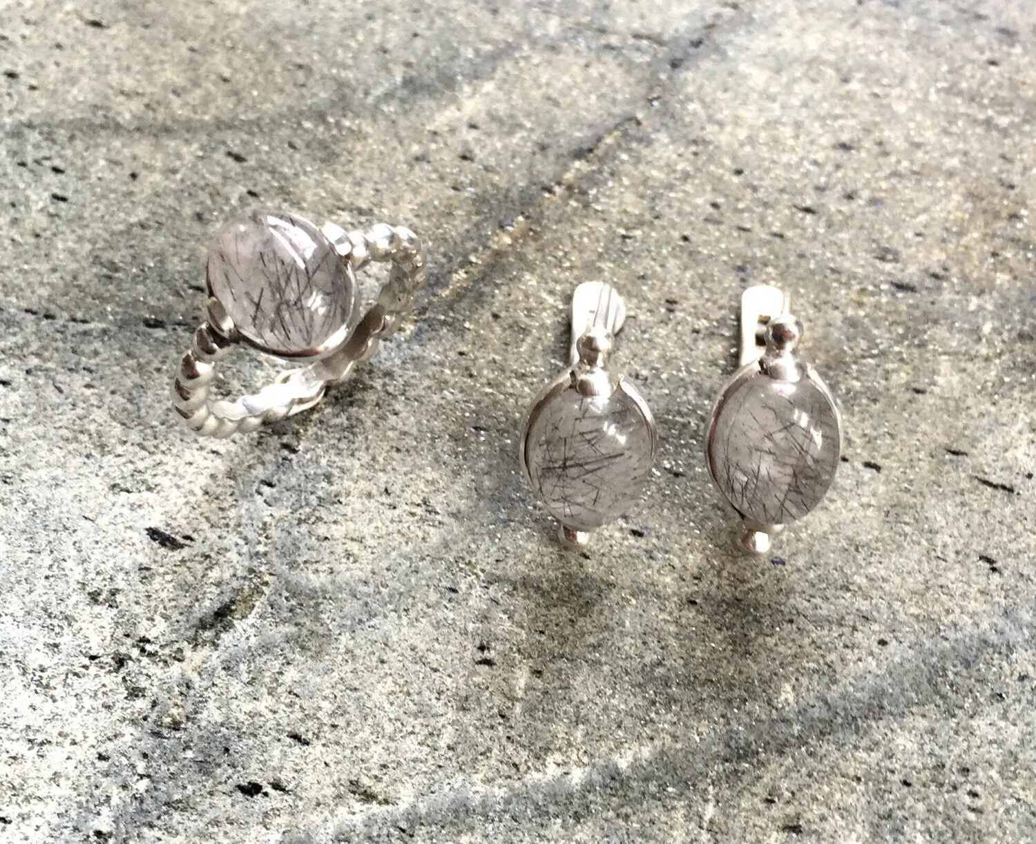 Large Quartz Earrings - Rutilated Quartz Earrings - Vintage Oval Studs