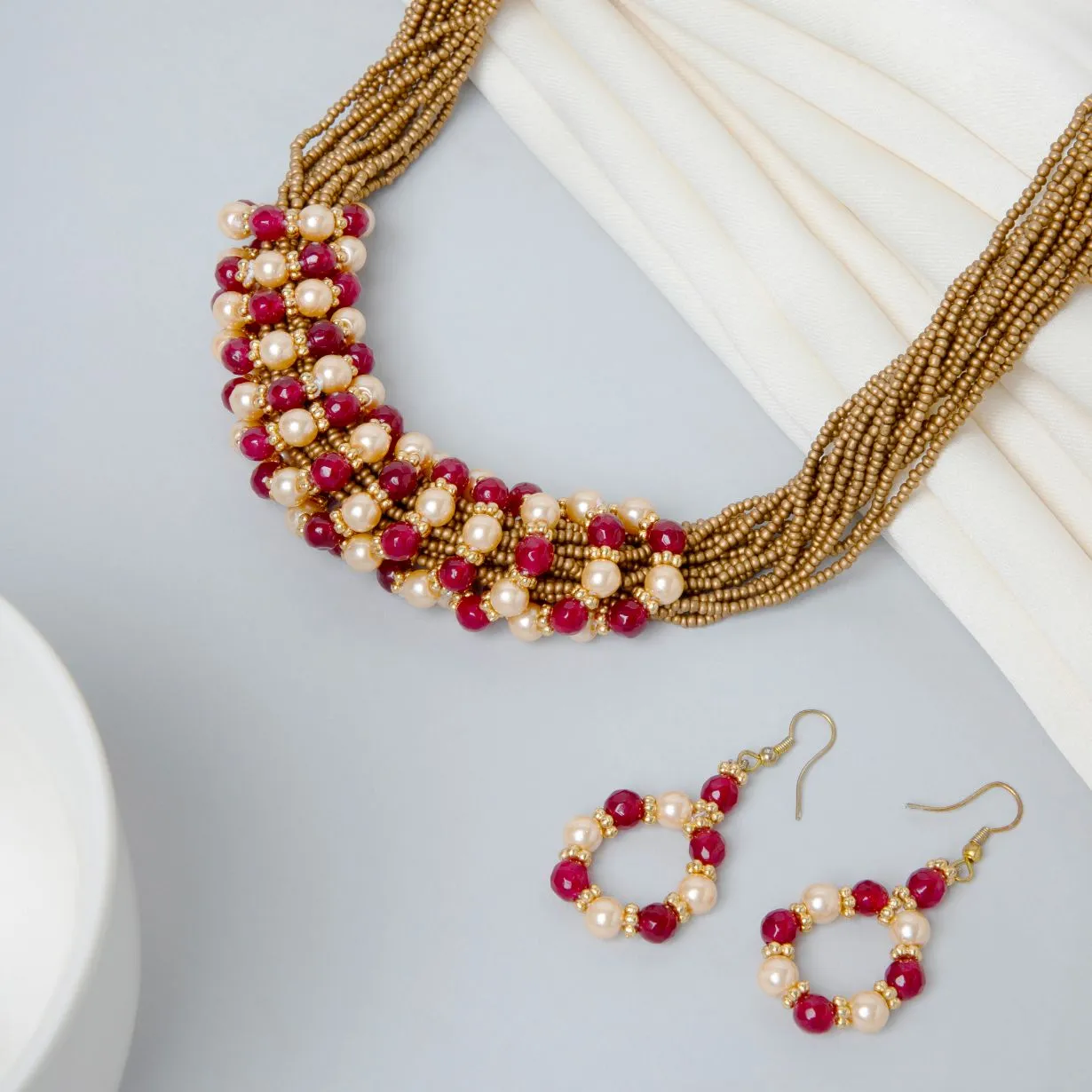 Maroon and Gold Beaded Necklace and Earrings Set