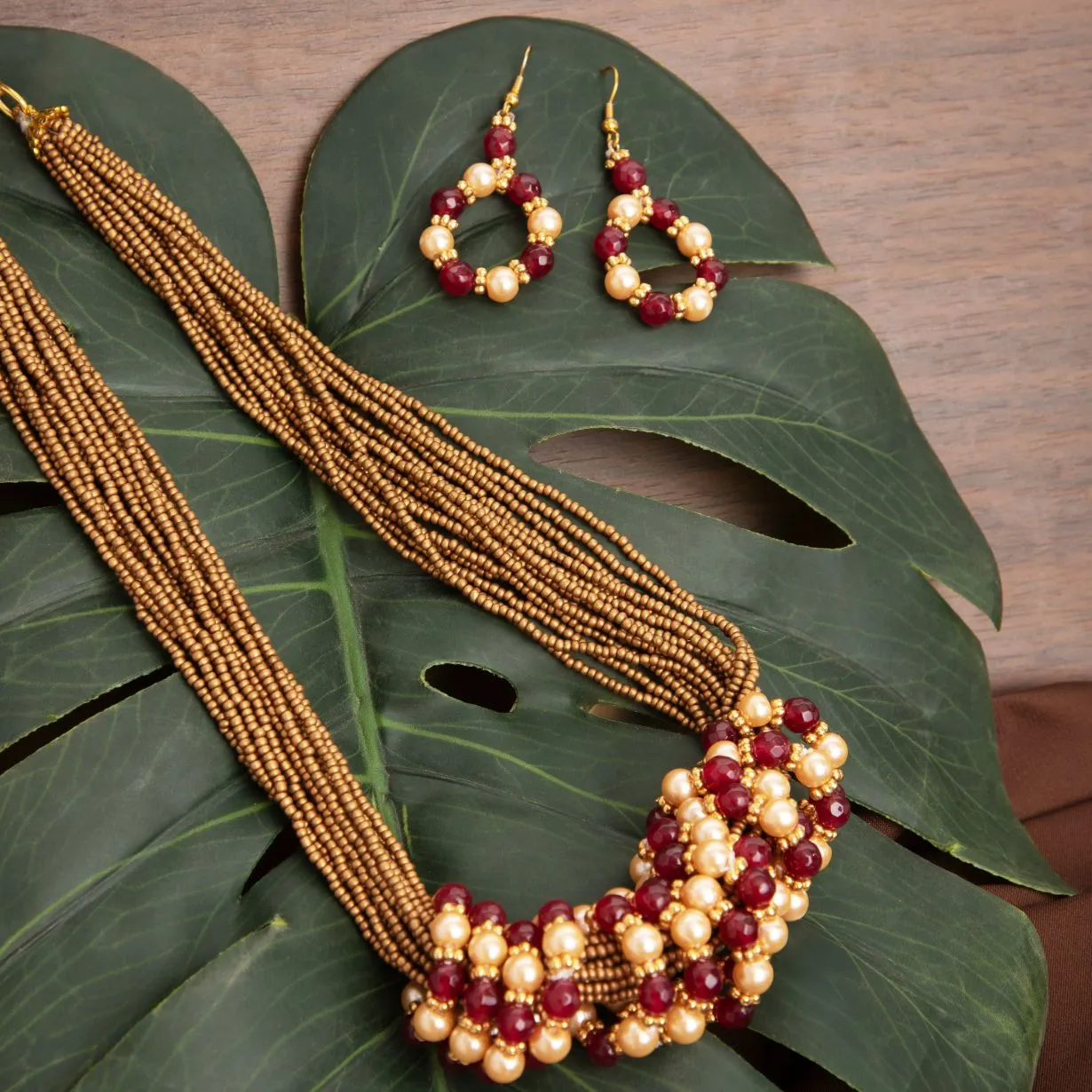 Maroon and Gold Beaded Necklace and Earrings Set