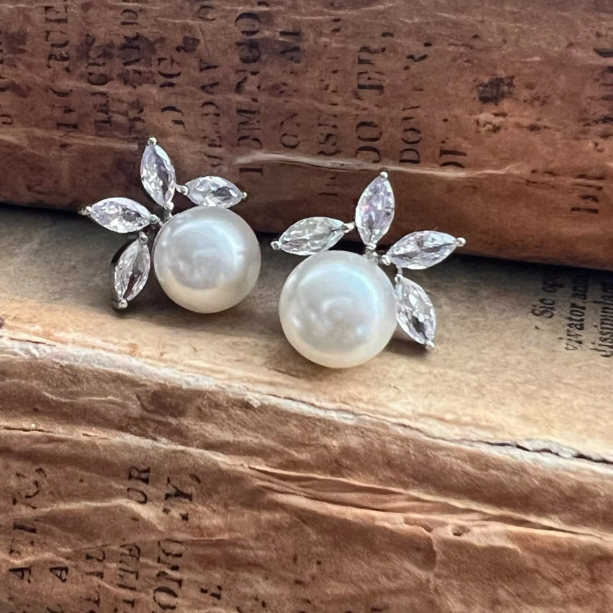 Mary, Vintage Style Pearl & Crystal Stud Earrings