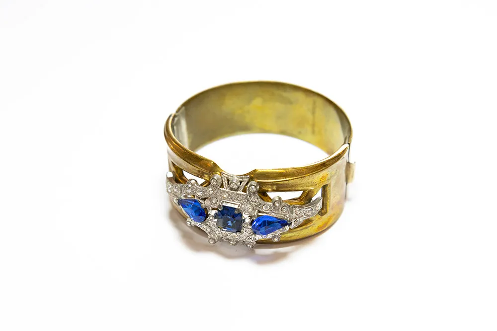 McCLELLAND BARCLAY Art Deco Gold Plated with Blue Stones Hinged Cuff Bracelet