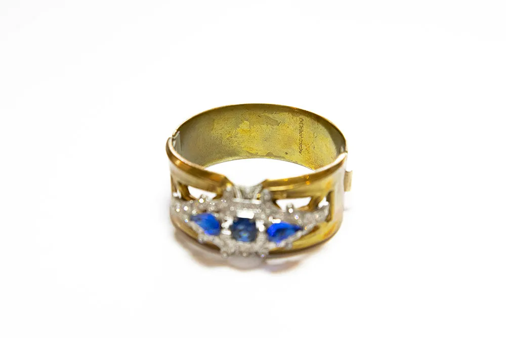 McCLELLAND BARCLAY Art Deco Gold Plated with Blue Stones Hinged Cuff Bracelet