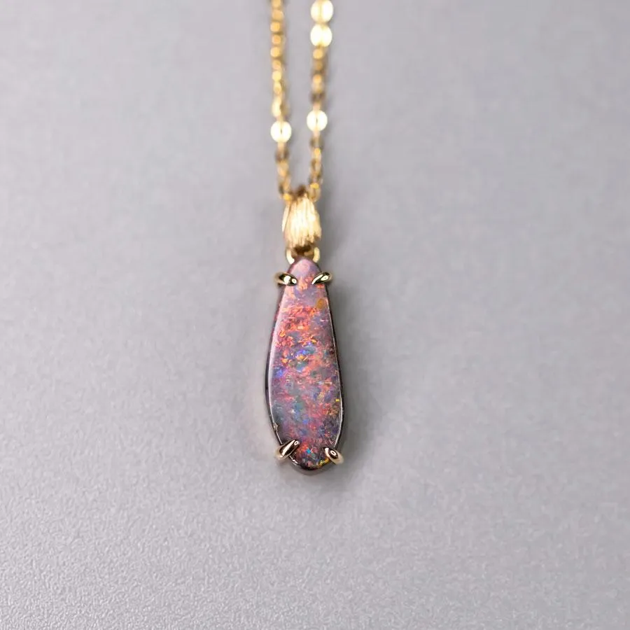Minimalist Australian Boulder Opal Necklace Pendant 18K Yellow Gold
