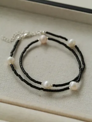 Minimalist Modern Pearl and Black Onyx Beaded Necklace
