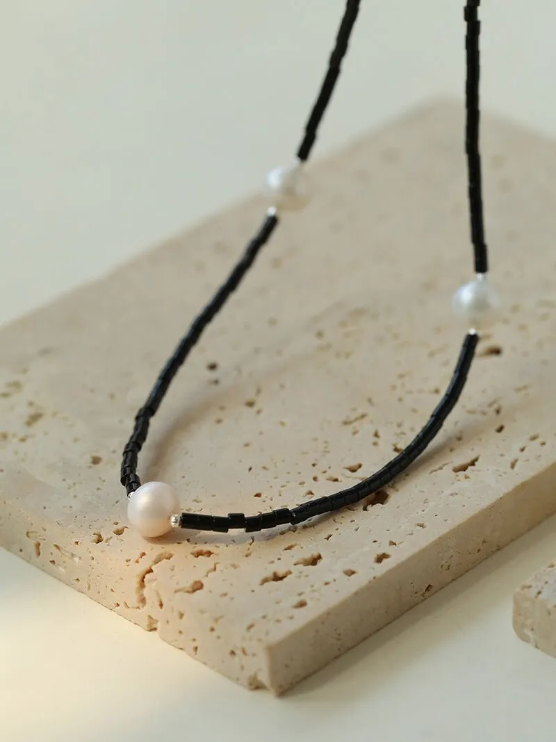 Minimalist Modern Pearl and Black Onyx Beaded Necklace