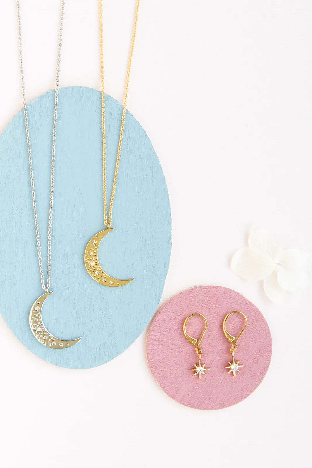 Moon dotted with CZ and Opal Gems Charm Necklace