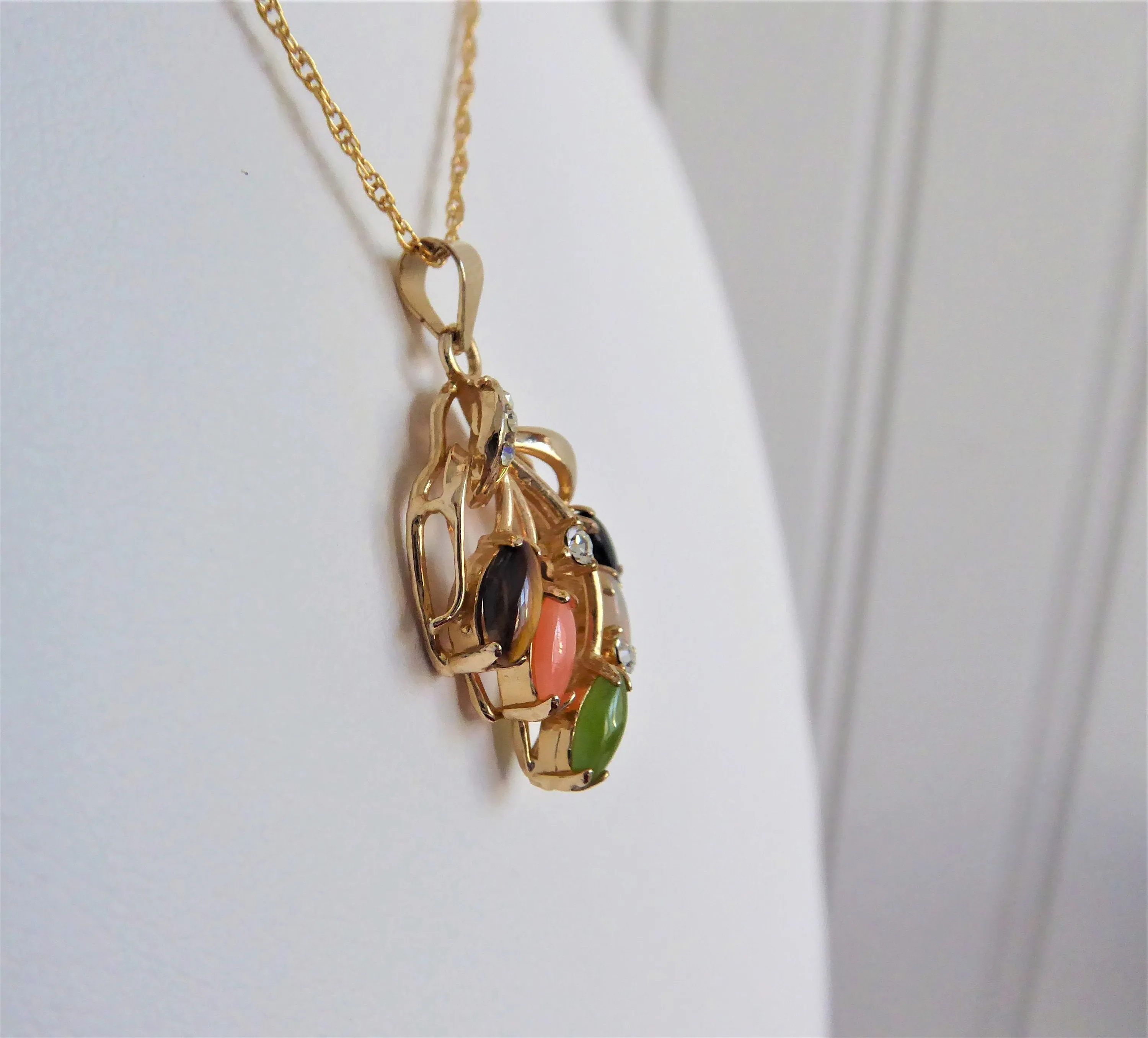 Necklace Semi Precious Leaves Pendant GF Chain Rhinestones Leaves Elegant Rose Quartz Tiger Eye