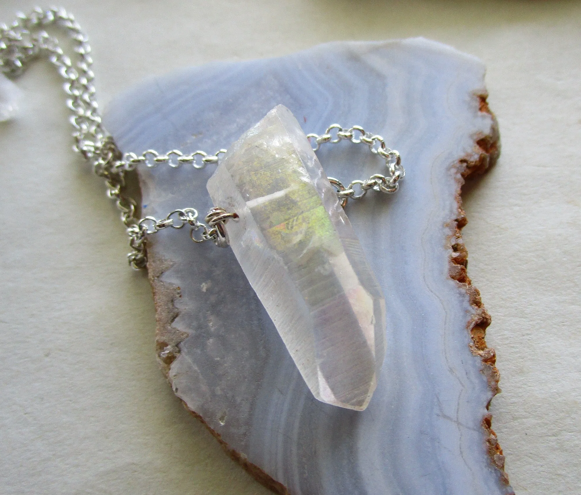 Opal Aura Lemurian Quartz Crystal Point Pendant Necklace