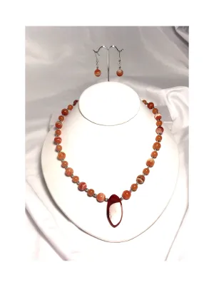 Orange Agate and Jade Pendant Necklace and Dangle Earring Set