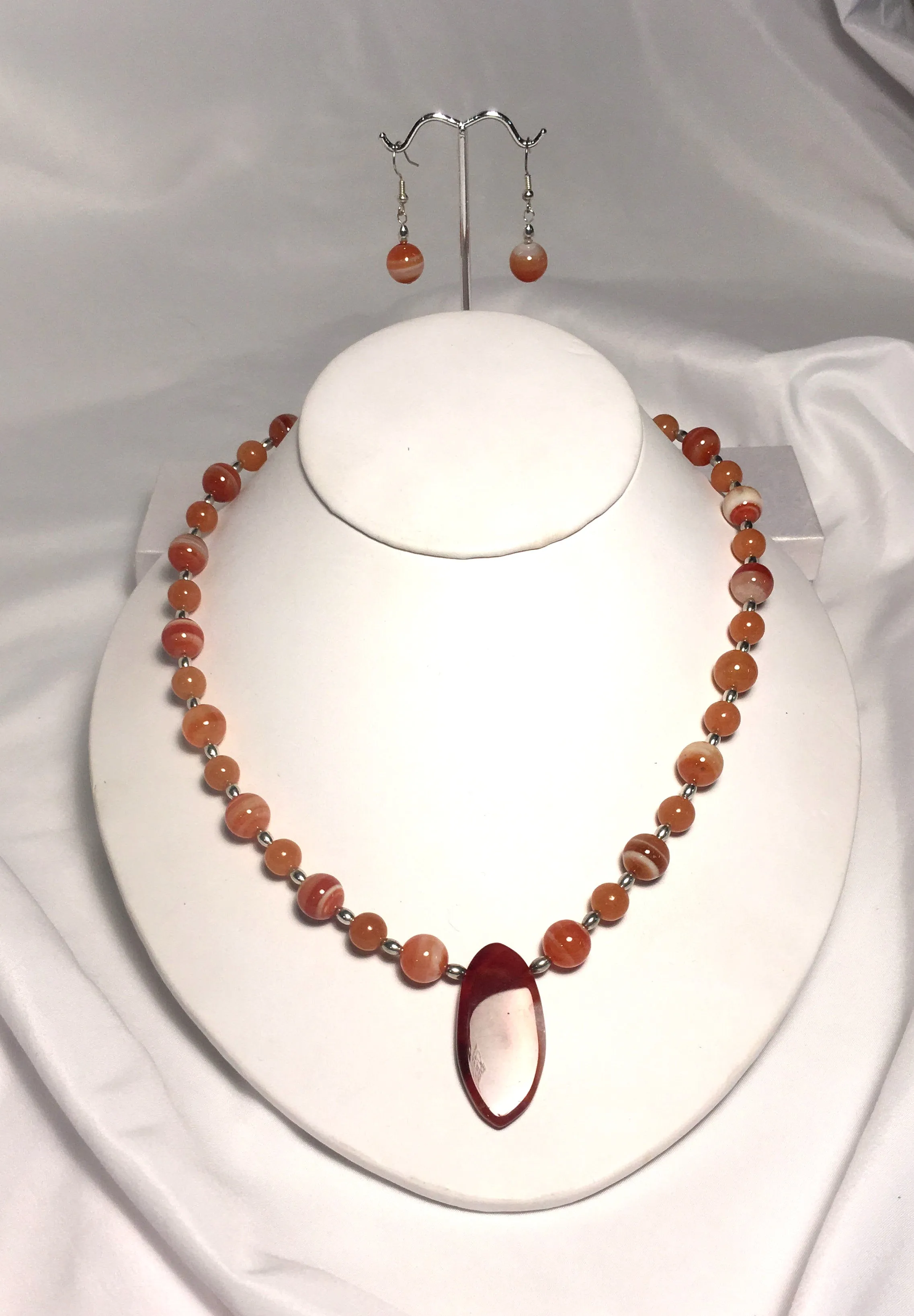 Orange Agate and Jade Pendant Necklace and Dangle Earring Set