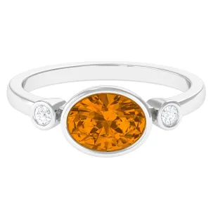Oval Cut Citrine Solitaire East West Ring with Diamond Stones