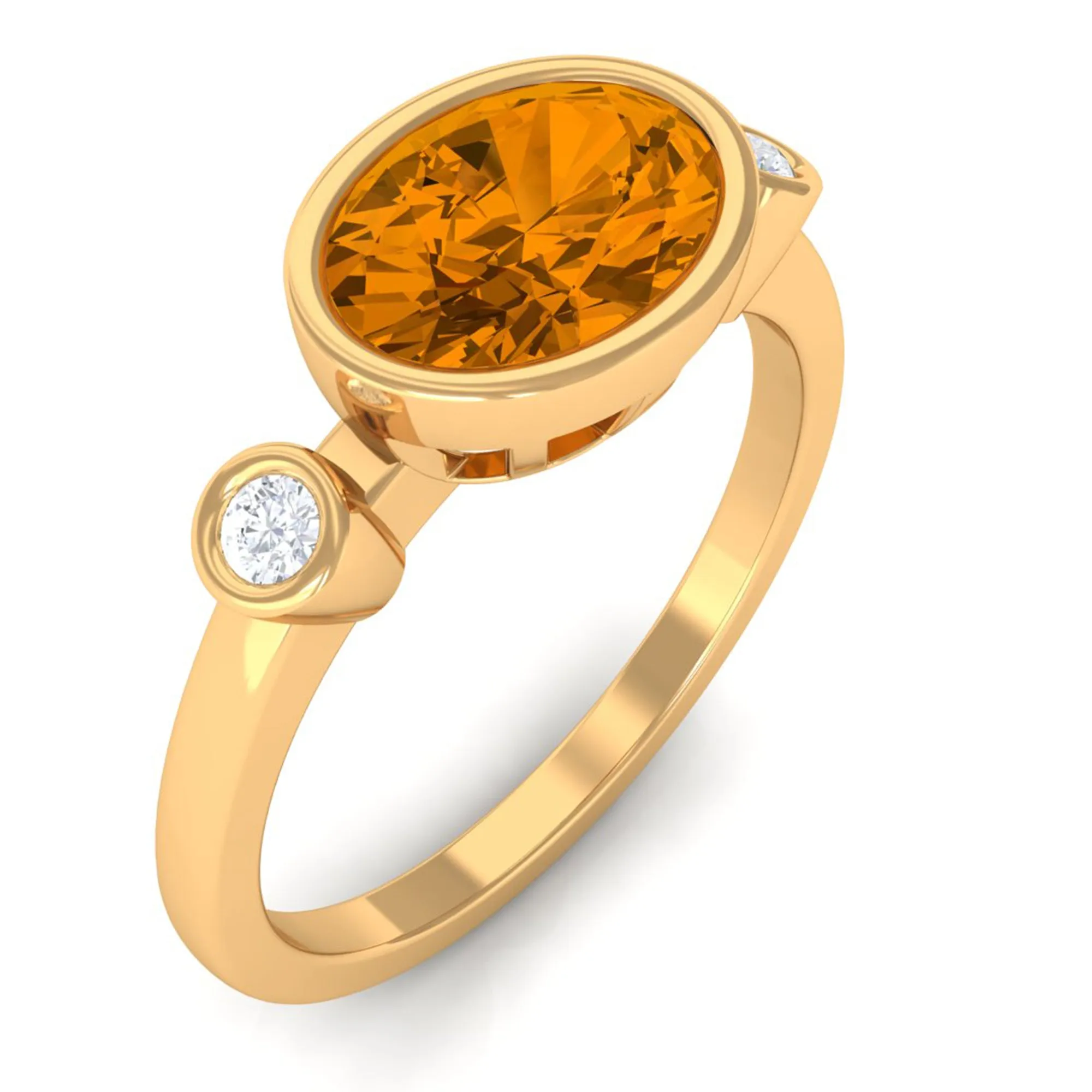 Oval Cut Citrine Solitaire East West Ring with Diamond Stones