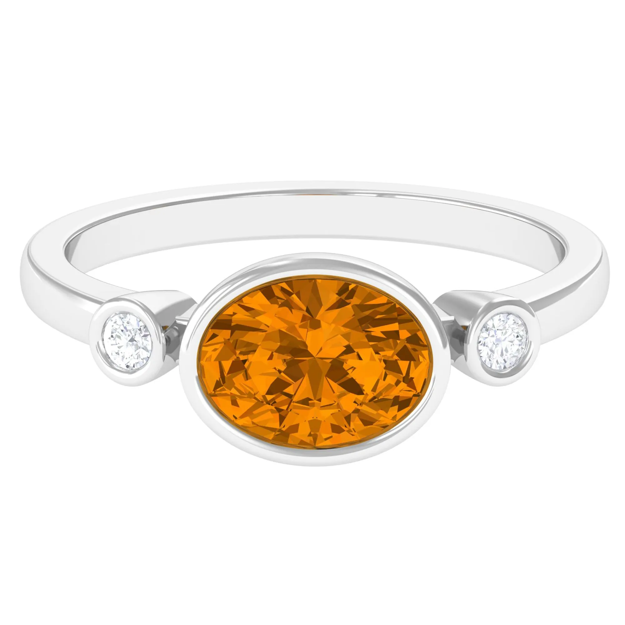 Oval Cut Citrine Solitaire East West Ring with Diamond Stones