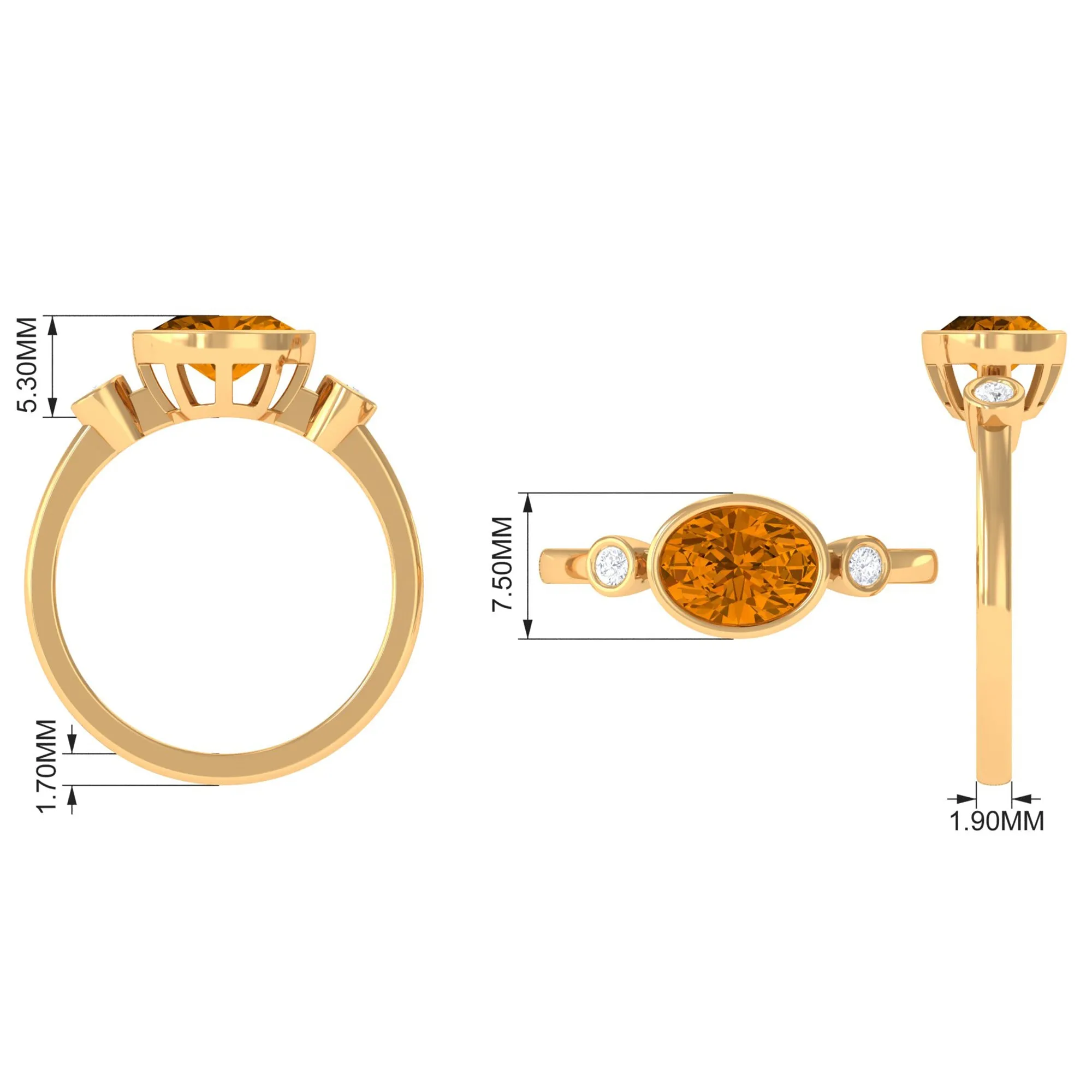 Oval Cut Citrine Solitaire East West Ring with Diamond Stones