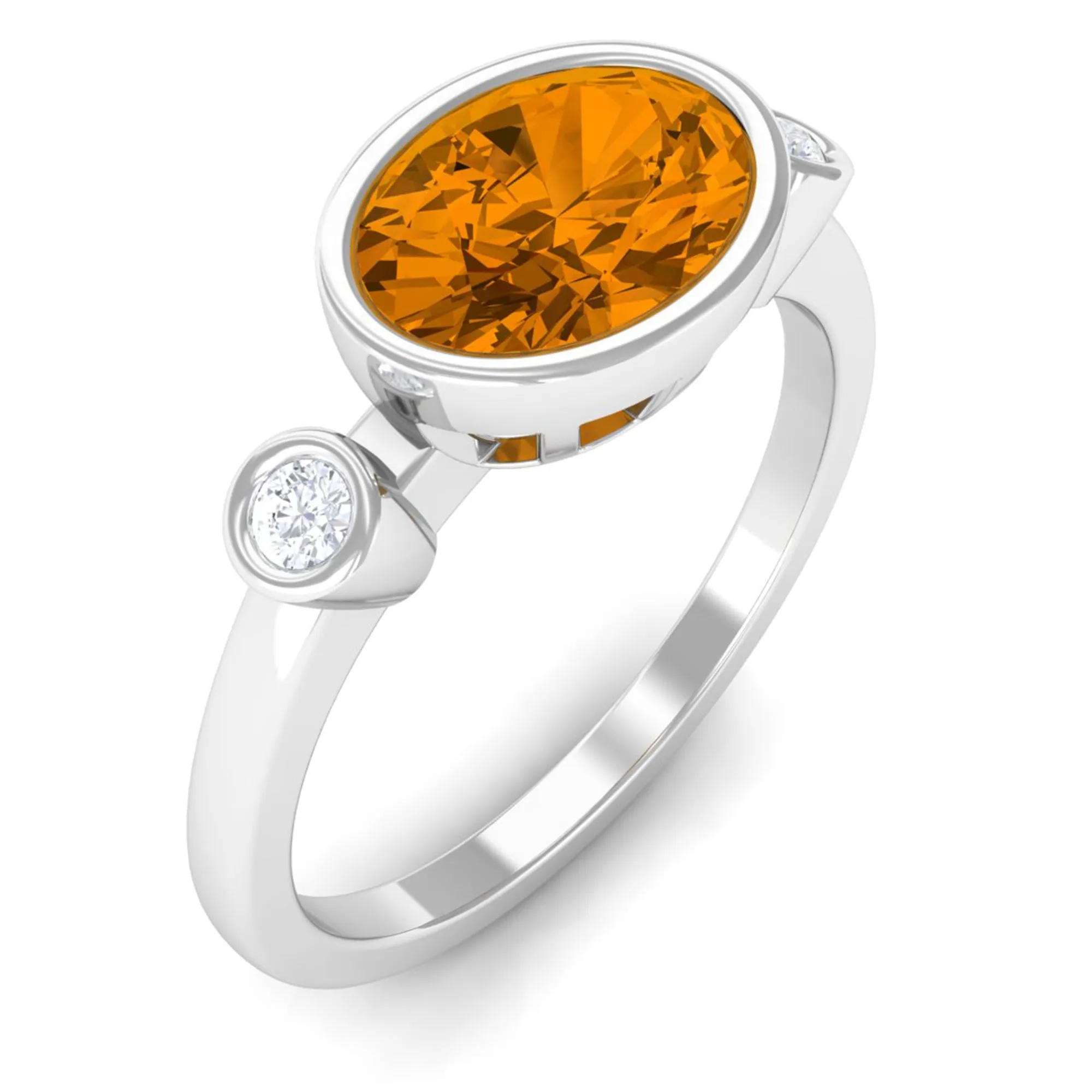 Oval Cut Citrine Solitaire East West Ring with Diamond Stones