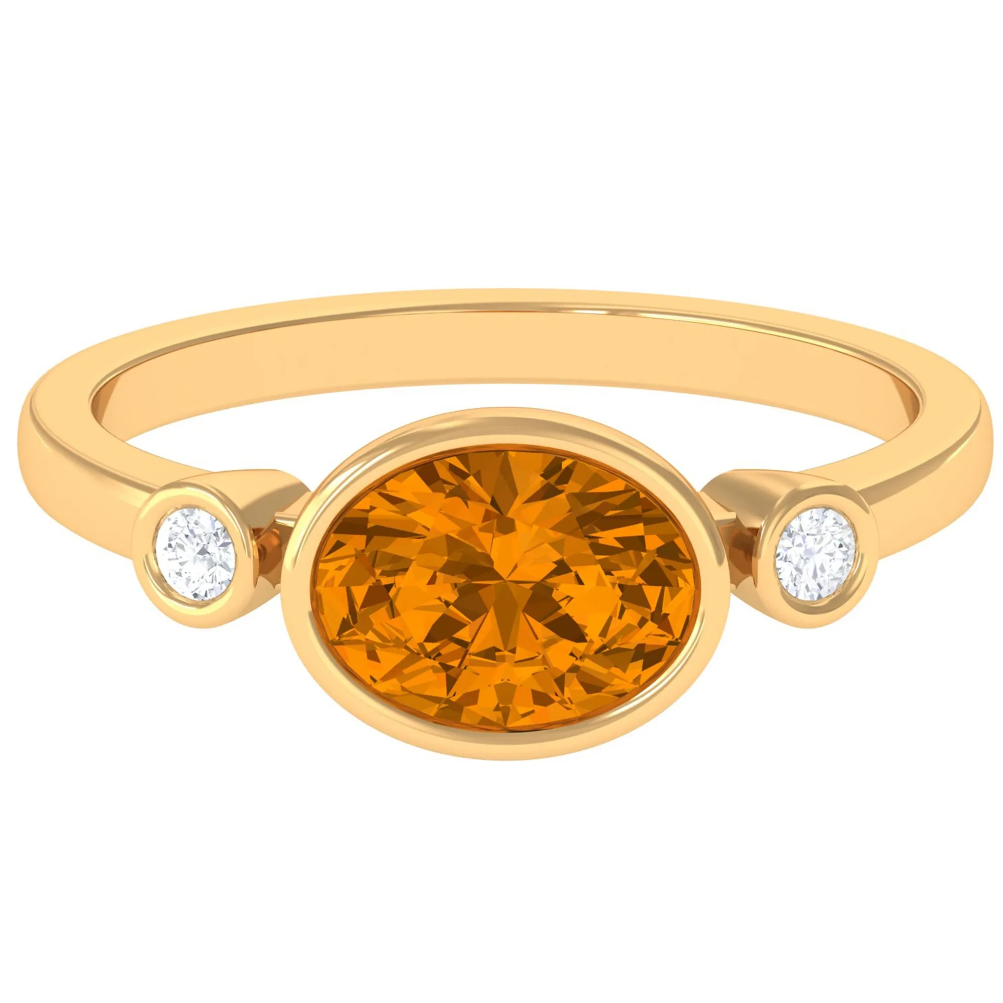 Oval Cut Citrine Solitaire East West Ring with Diamond Stones